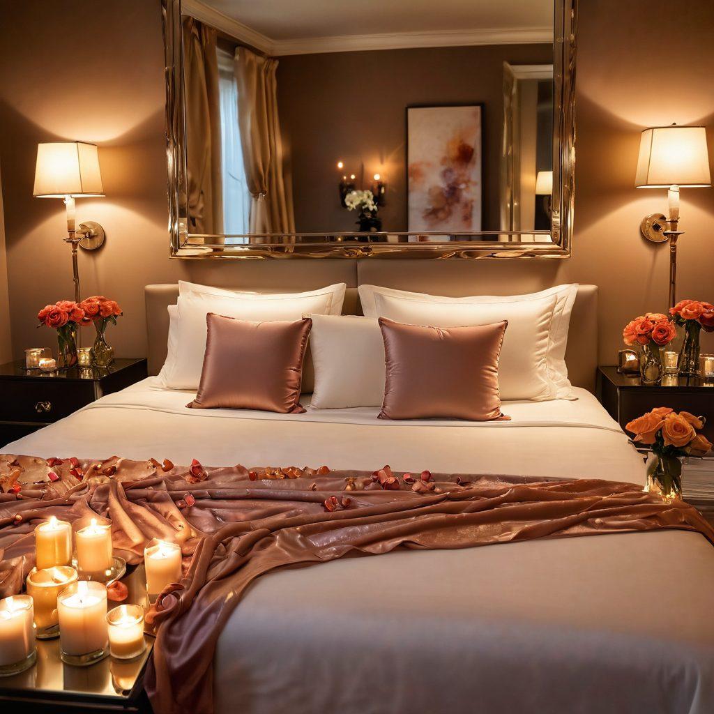 A luxurious bedroom setting illuminated by soft, amber lighting, showcasing an inviting bed with silk sheets. Romantic candles flicker on the bedside tables, while passion-infused abstract art adorns the walls. Highlight an elegant, vintage mirror reflecting a couple's playful interaction. Incorporate delicate rose petals scattered across the bed. super-realistic. warm tones. intimate ambiance.